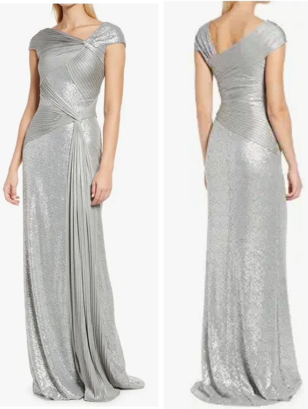 NWT $558 Tadashi Shoji Parma Draped Sequin Gown Silver Women's Medium Evening - Picture 4 of 12